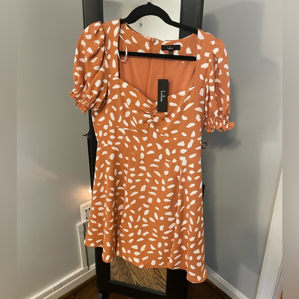 Lulu’s “Oh My Darlin” Orange Print Puff Sleeve Mini Dress - NWT